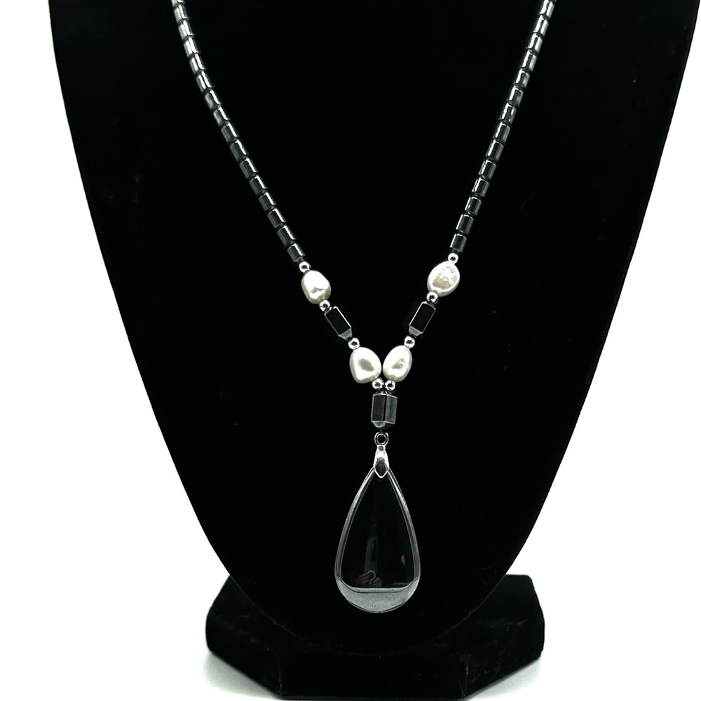 Black Hemotite Necklace Drum Beads Chunky Statement Hemotite Stone Pendant - Picture 2 of 7